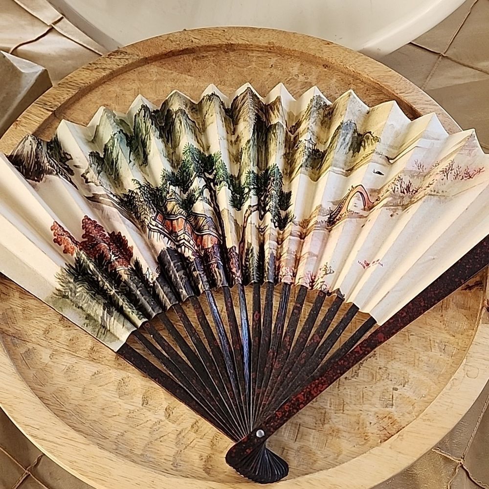 Vintage Bamboo Wood and Paper Landscape Figural, Scenery and Pagodas Fan